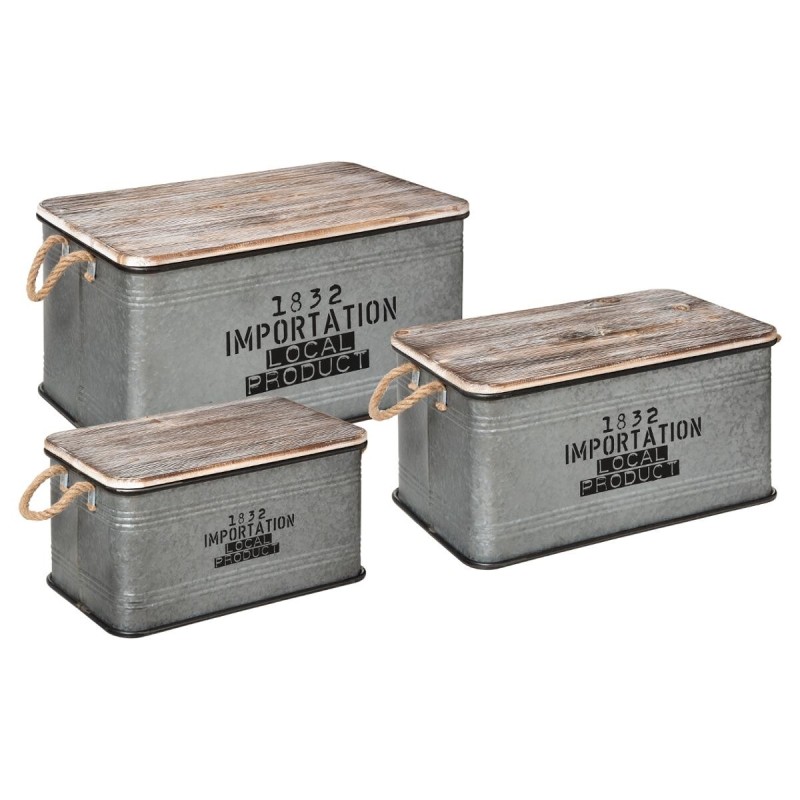 Set 3 cutii depozitare Local, metal, blat lemn, gri, L.45/54/60 cm, 178716A