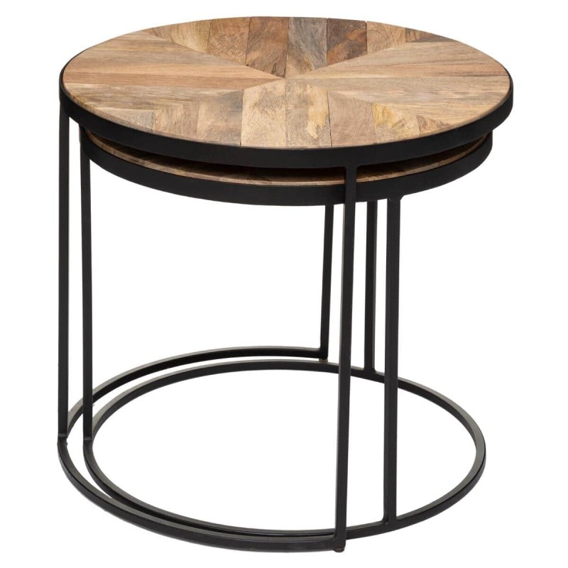Set 2 masute cafea Basile, suport metal negru, blat lemn mango, D.51/56 cm, 179130