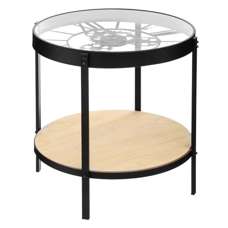 Masuta laterala Clock, metal negru, blat sticla si MDF, D.51 cm, 157207