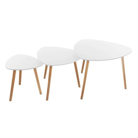 Set 3 masute cafea Mileo, picioare din lemn natur, blat MDF, alb, L.34/46/60 cm, 157052A