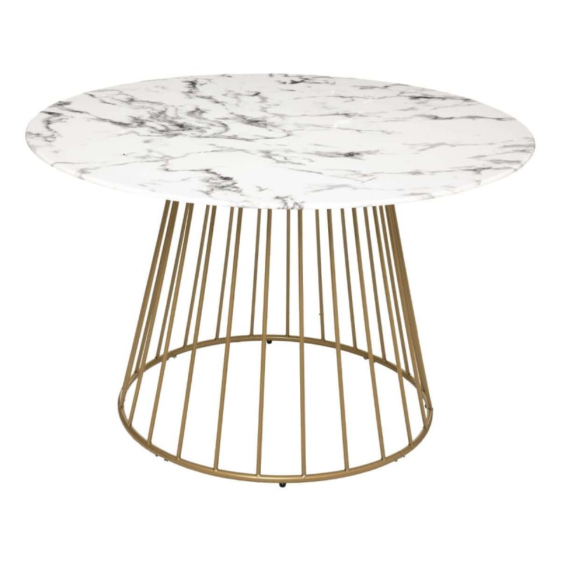 Masa dining rotunda Rayos, suport metal auriu, blat sticla aspect marmura, D.120 cm, 179166A