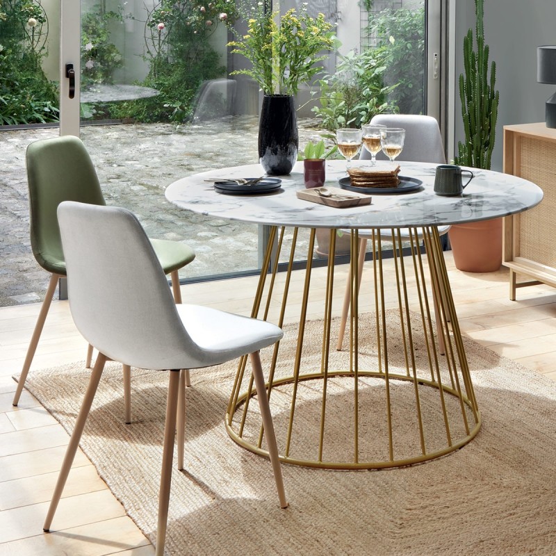 Masa dining rotunda Rayos, suport metal auriu, blat sticla aspect marmura, D.120 cm, 179166A