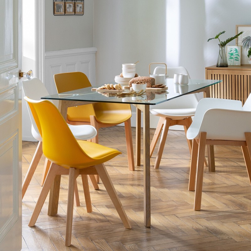 Masa dining Taho, picioare din metal si lemn, blat sticla, L.150 cm, 140356