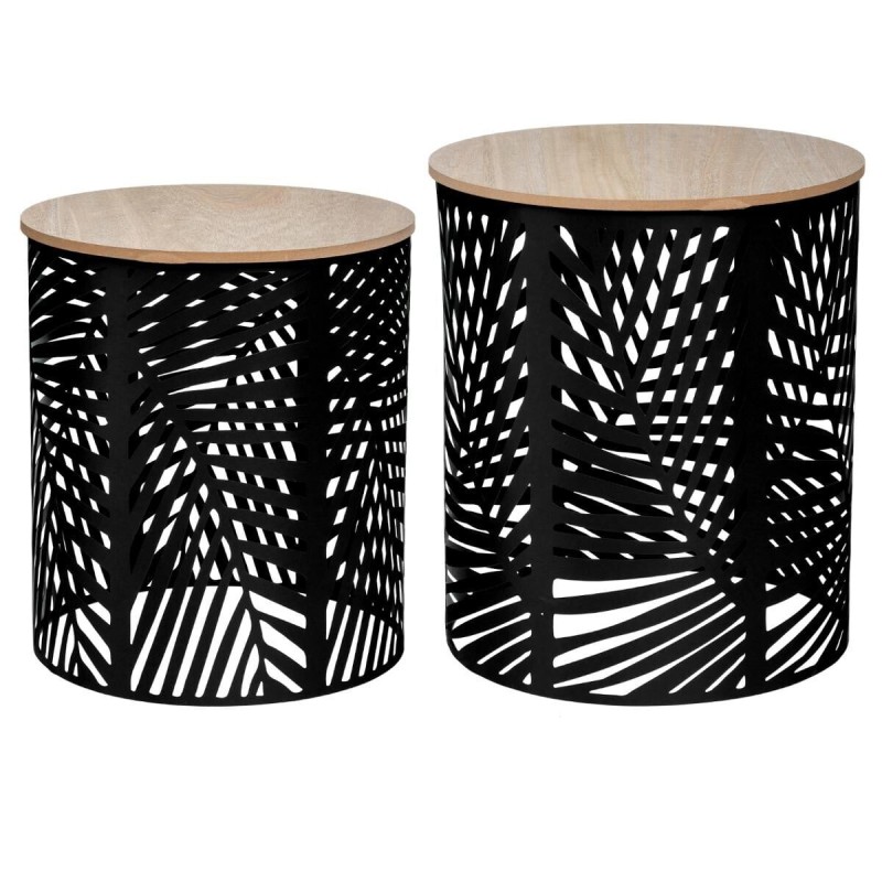 Set 2 masute cafea Feuilles, metal negru, blat din MDF, D.35/39 cm, 157205A