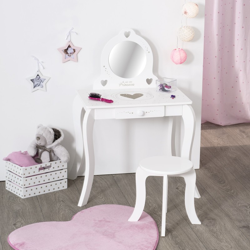 Set masa de toaleta si taburet copii, MDF, alb, Jollie, L.71 cm, 127183