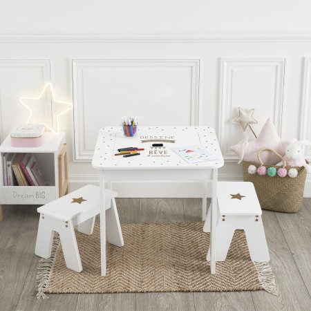 Set masa Play, 2 taburete pentru copii, MDF alb/auriu, 158473A