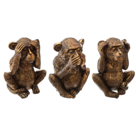 Set 3 statuete Maimuțe înțelepte, rășină, auriu, H.17 cm, 167596