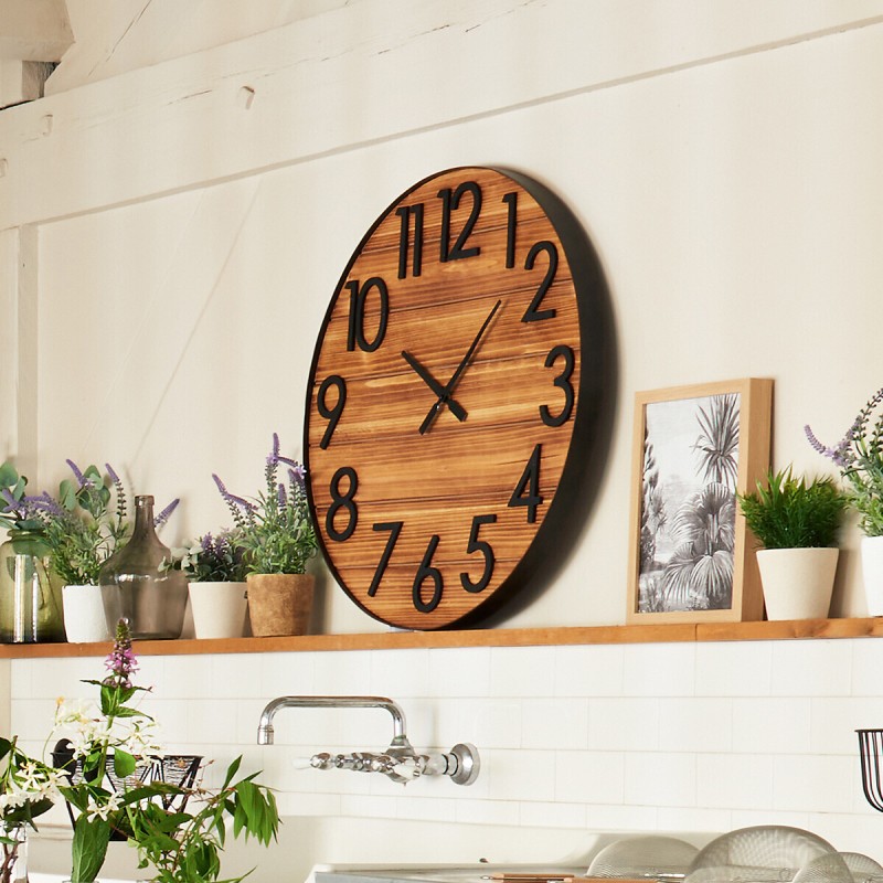 Ceas de perete, lemn de brad si metal negru, Abbey, 173803