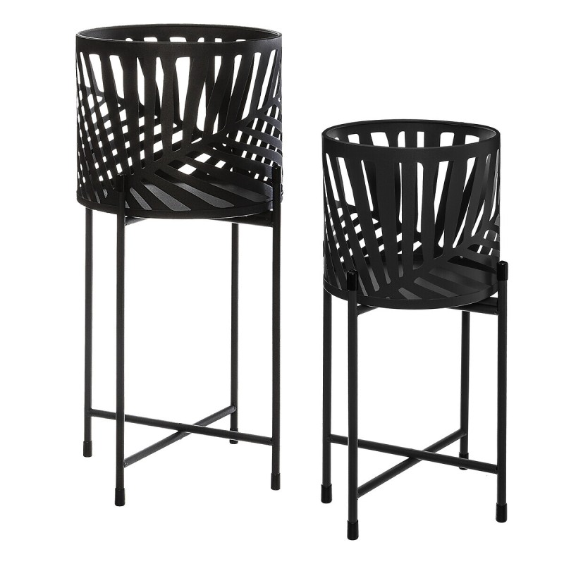 Set 2 ghivece cu suport Leaf, metal, negru, H.45/55 cm, 168555