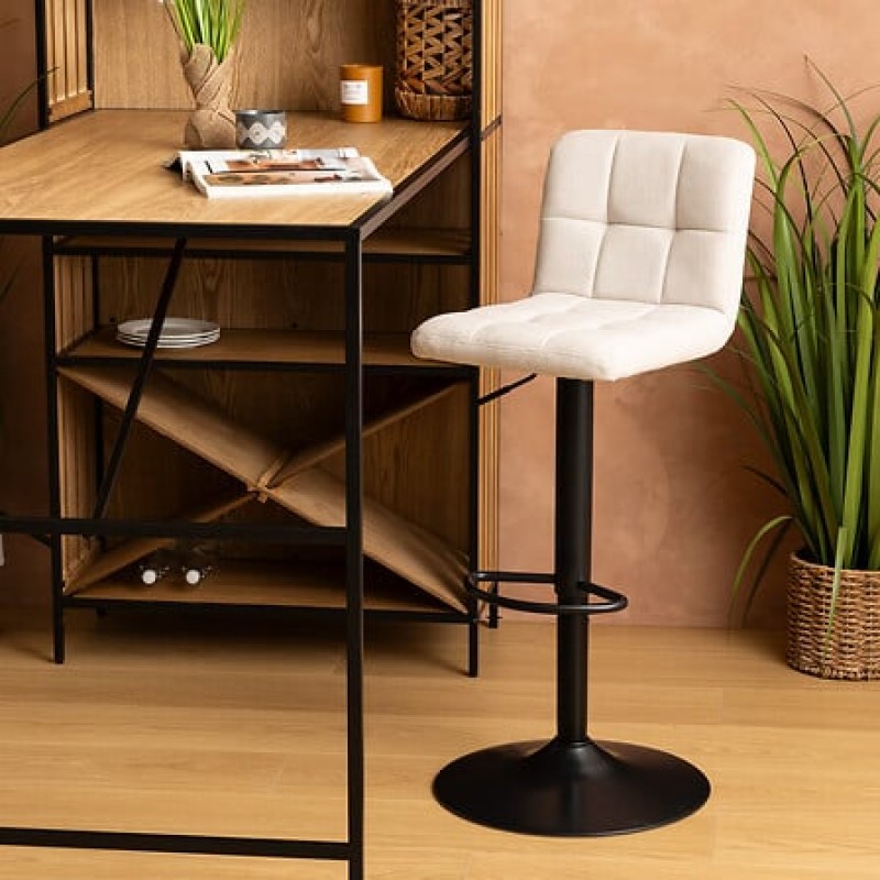 Scaun bar ajustabil Delek, metal negru, textil crem, H.102 cm, 207339A