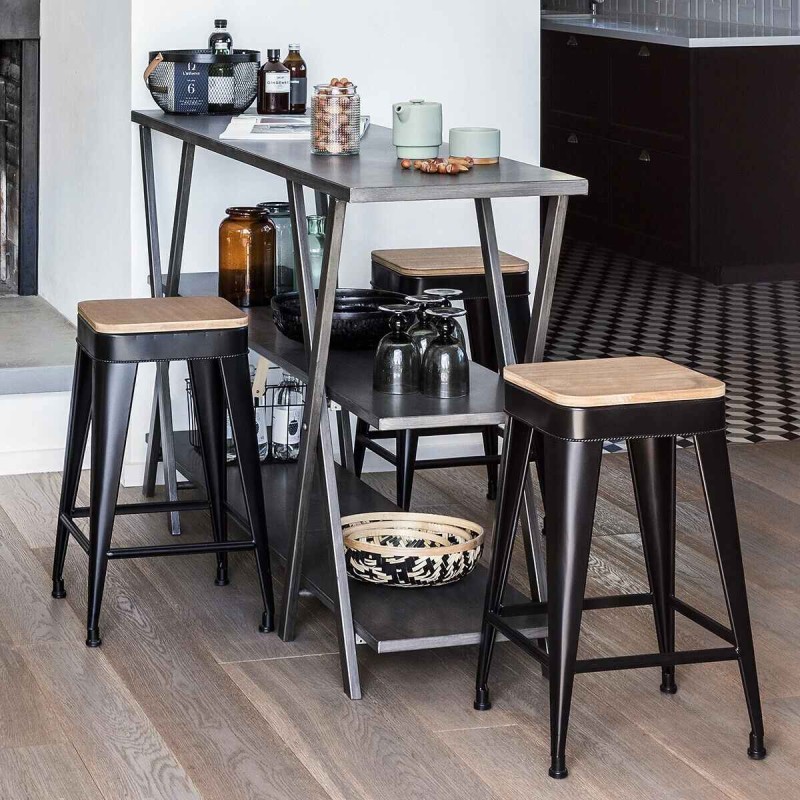 Scaun bar Joris, metal negru si lemn, H.60 cm, 140319B