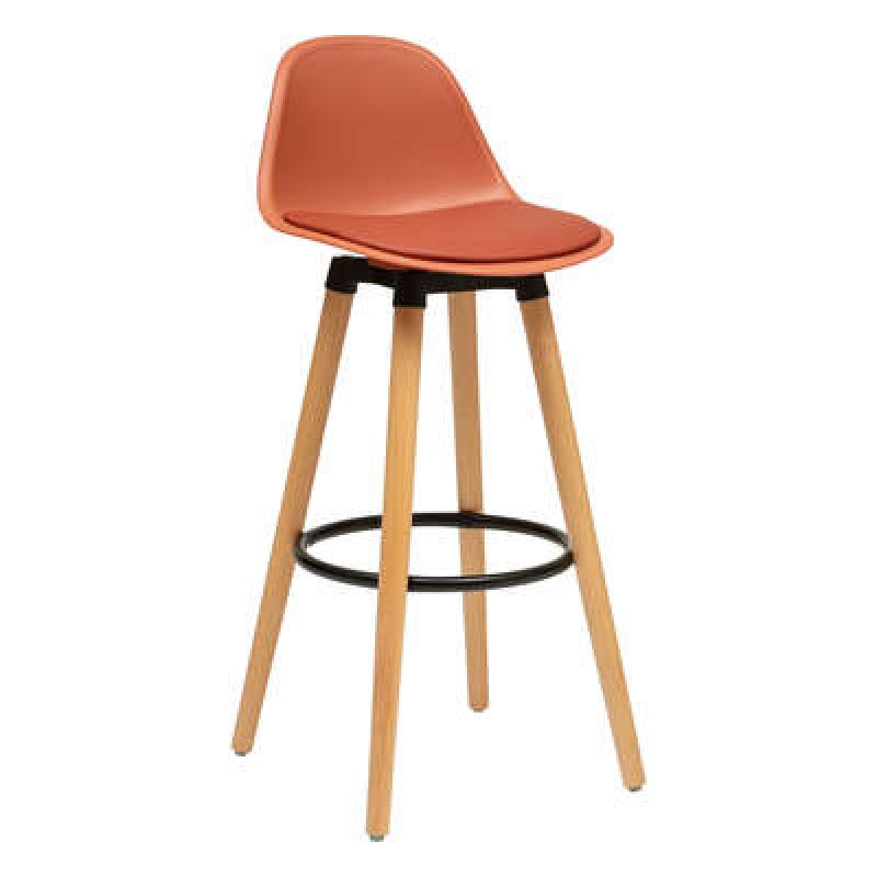 Scaun bar Maxon, picioare lemn si metal negru, poliuretan terracota, H.92 cm, 157165G