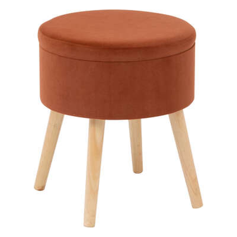 Taburet Tess, cu spatiu depozitare, picioare lemn, catifea ambra, D.36 cm, 140331I