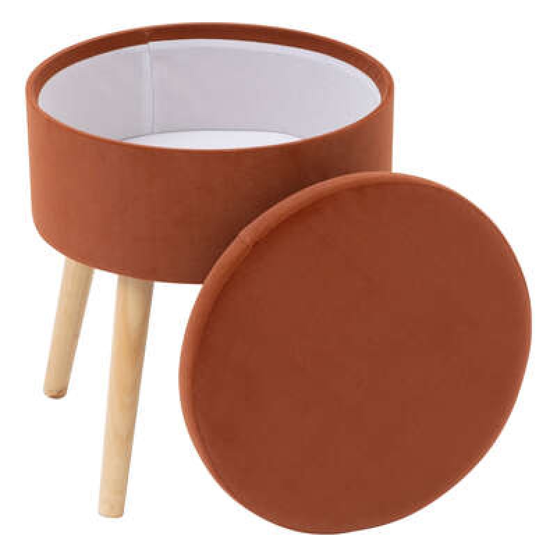 Taburet Tess, cu spatiu depozitare, picioare lemn, catifea ambra, D.36 cm, 140331I