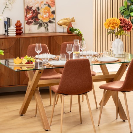 Masa dining Jorel, metal, sticla securizata, efect lemn, L.180 cm, 206040A