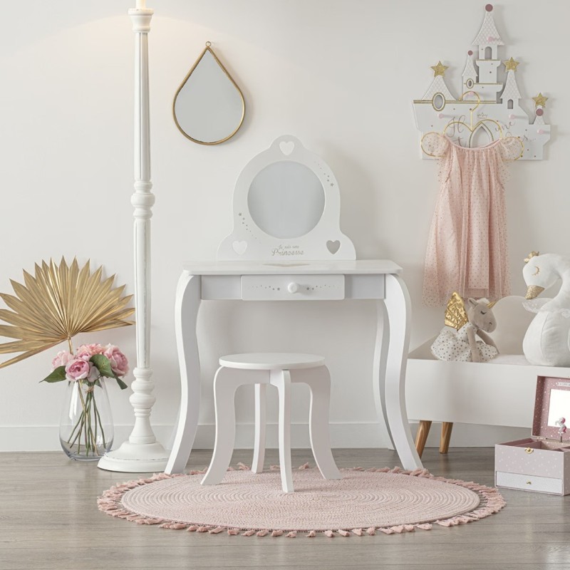 Set masa de toaleta si taburet copii, MDF, alb, Jollie, L.71 cm, 127183