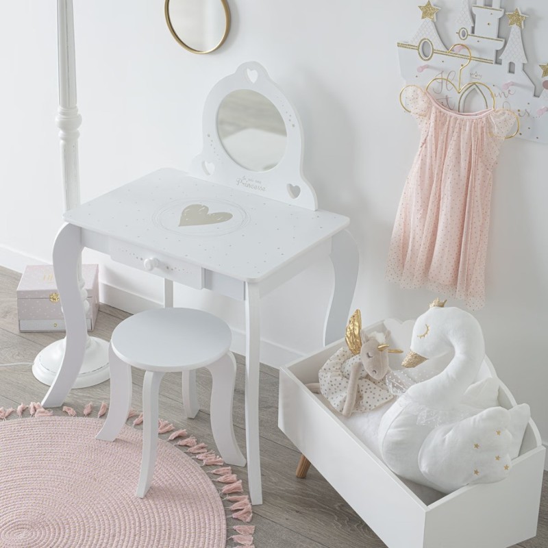 Set masa de toaleta si taburet copii, MDF, alb, Jollie, L.71 cm, 127183