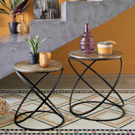 Set 2 masute cafea Etnik, metal negru, blat MDF auriu, D.34/40 cm, 157233
