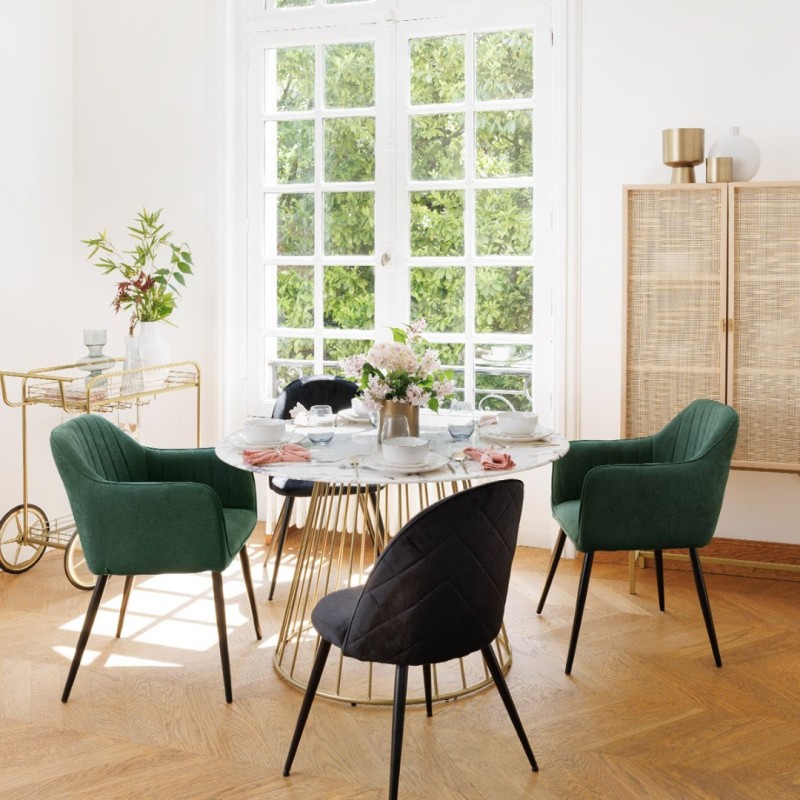Masa dining rotunda Rayos, suport metal auriu, blat sticla aspect marmura, D.120 cm, 179166A