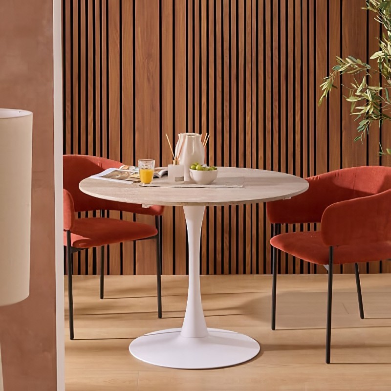 Masa dining Elias, metal, MDF, alba, efect travertin, D.102 cm, 184932B