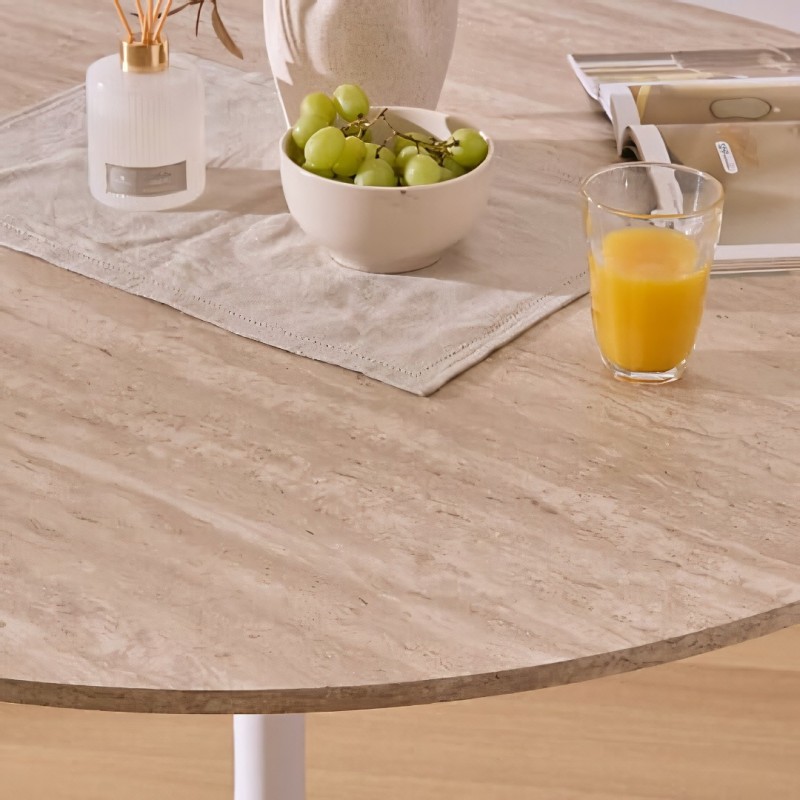 Masa dining Elias, metal, MDF, alba, efect travertin, D.102 cm, 184932B