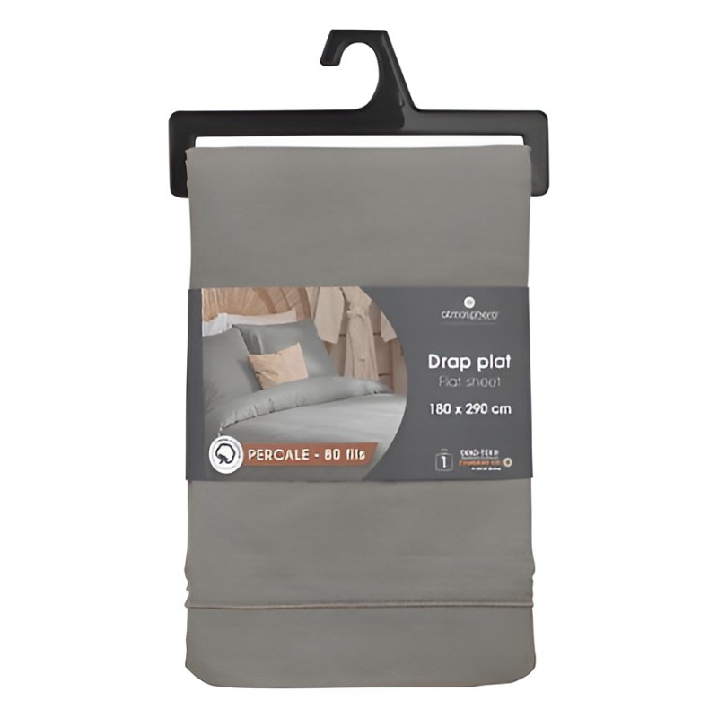 Cearceaf de pat, bumbac percale, gri, 180x290 cm, 194360B