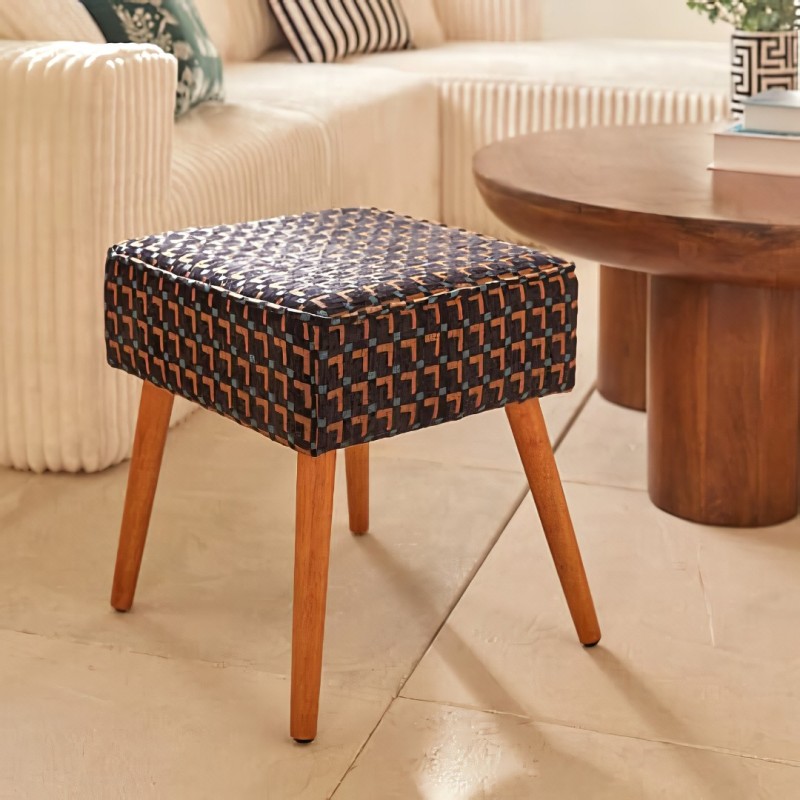 Taburet Chiara, lemn, chenille jacquard neagra, 38X38 cm, 202266D