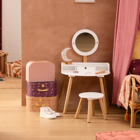 Masuta de toaleta cu taburet pentru copii Nomad, lemn de pin, MDF, alb, H.89 cm, 205844 