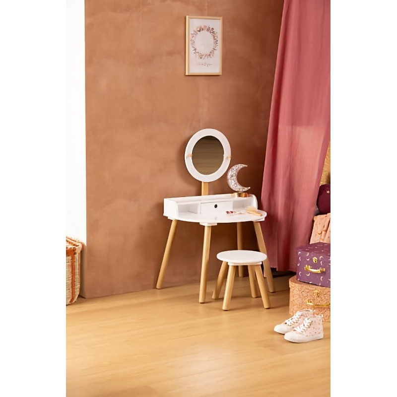 Masuta de toaleta cu taburet pentru copii Nomad, lemn de pin, MDF, alb, H.89 cm, 205844