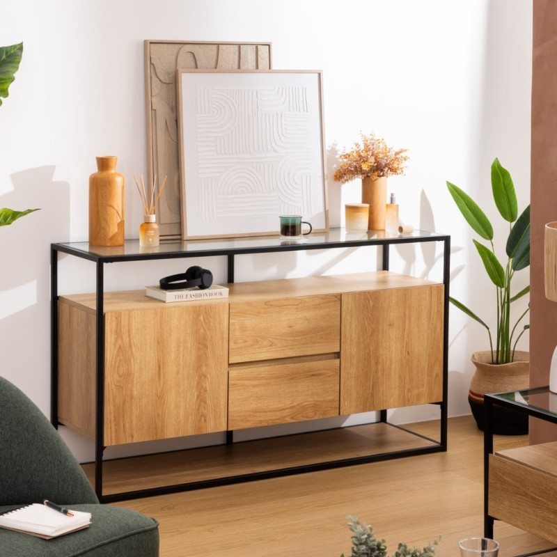 Comoda Aldea, metal, MDF, sticla, 2 usi, 2 sertare, L.140 cm, 206034