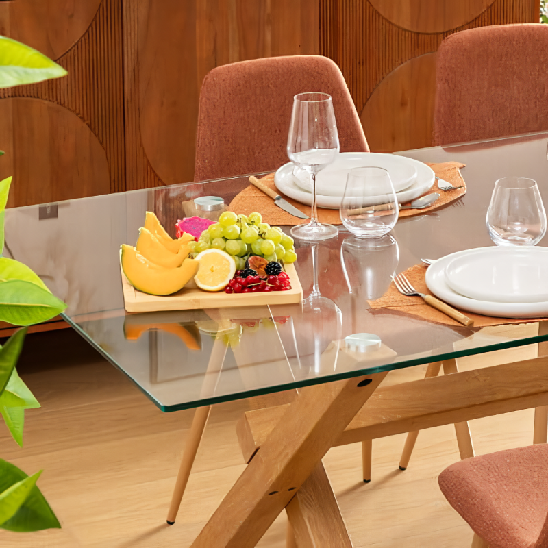 Masa dining Jorel, metal, sticla securizata, efect lemn, L.180 cm, 206040A
