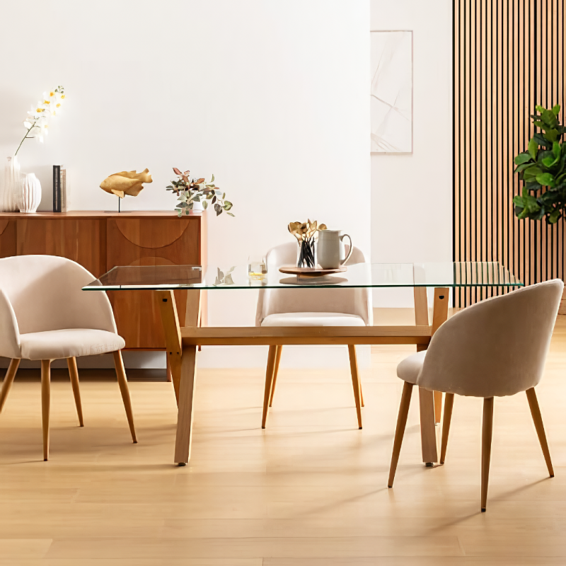 Masa dining Jorel, metal, sticla securizata, efect lemn, L.180 cm, 206040A
