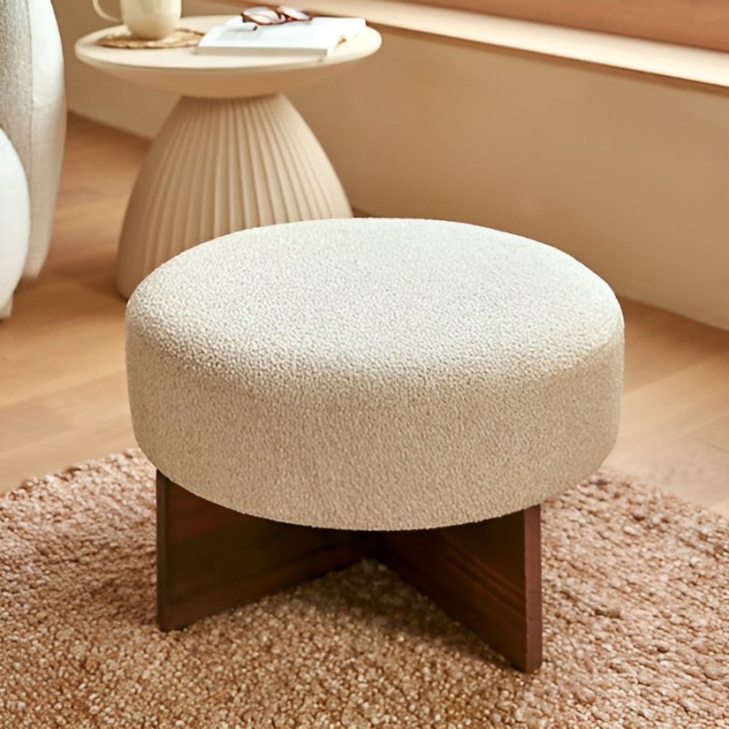 Taburet Kayan, lemn, boucle, crem, D.50 cm, 207379
