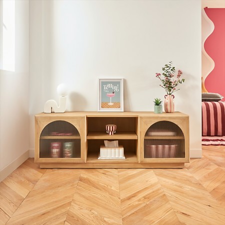 Comoda TV Lousada, MDF, lemn de acacia, sticla, bej, 2 usi, L.160 cm, 213003 