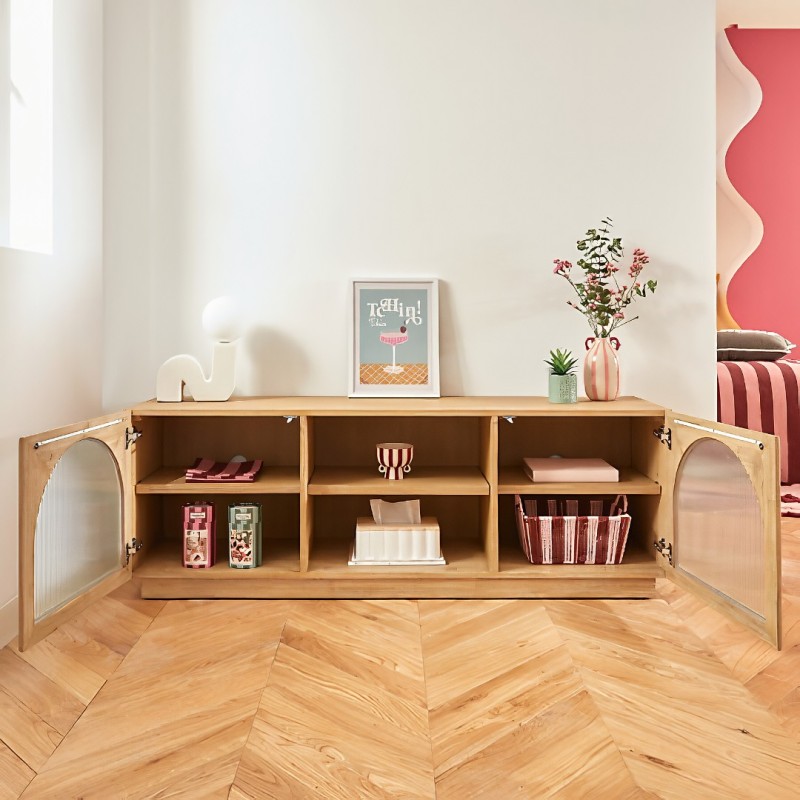 Comoda TV Lousada, MDF, lemn de acacia, sticla, bej, 2 usi, L.160 cm, 213003