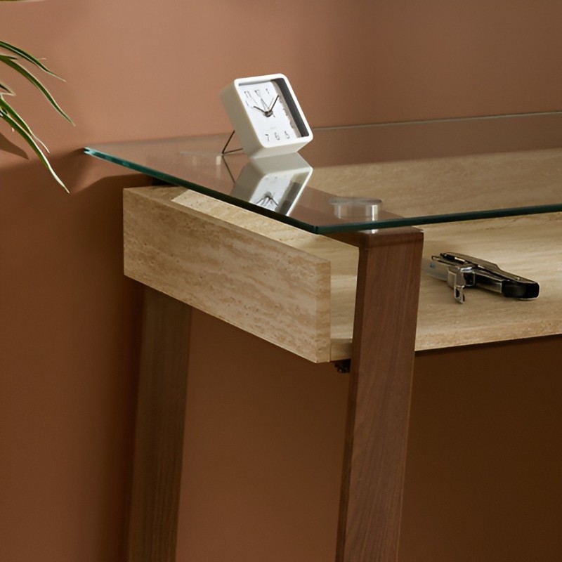 Birou Ariro, metal, MDF, aspect travertin, sticla securizata, L.110 cm, 213087