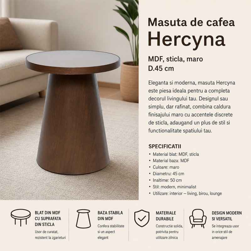 Masuta de cafea Hercyna, MDF, sticla, maro, D.45 cm, 213126