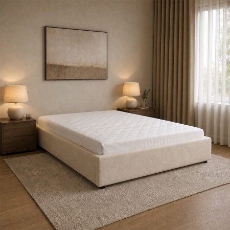 Pat cu spatiu de depozitare Luna, PAL, metal, textil, alb, 160x200 cm, 213181A 