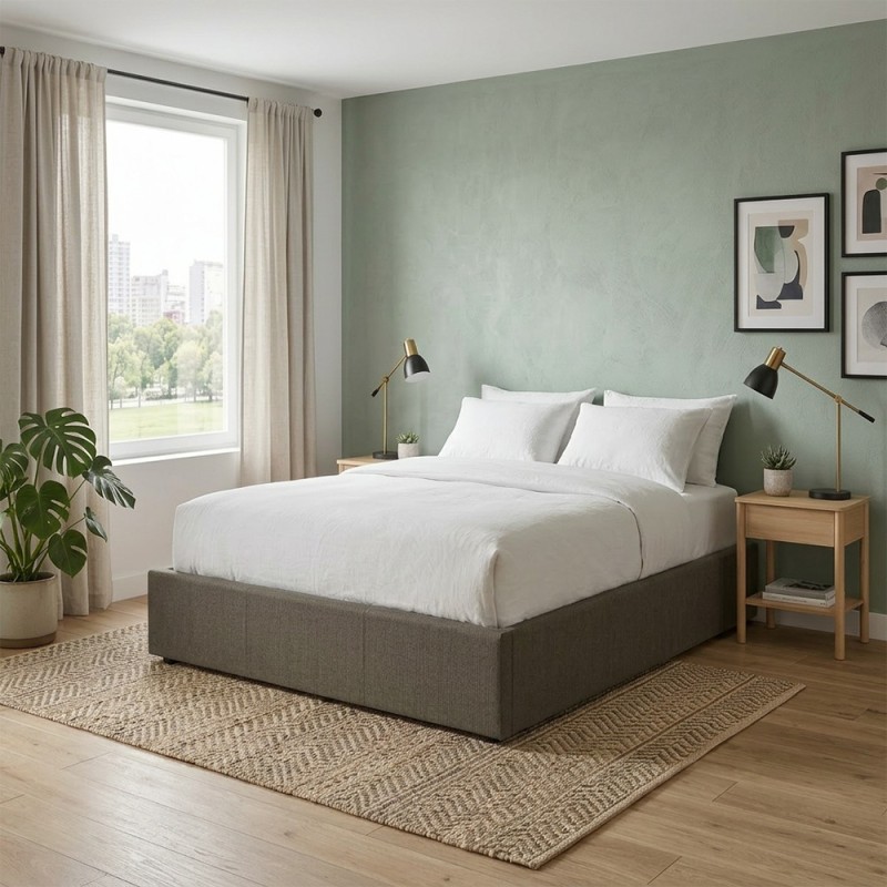 Pat cu spatiu de depozitare Luna, PAL, metal, textil, verde khaki, 160x200 cm, 213181C