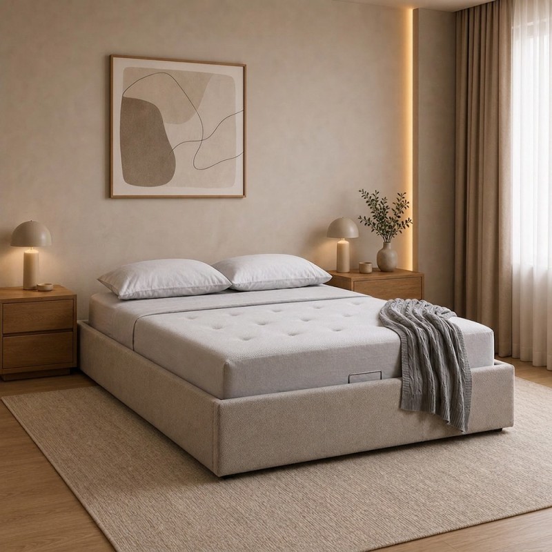 Pat cu spatiu de depozitare Luna, PAL, metal, textil, bej, 160x200 cm, 213181E