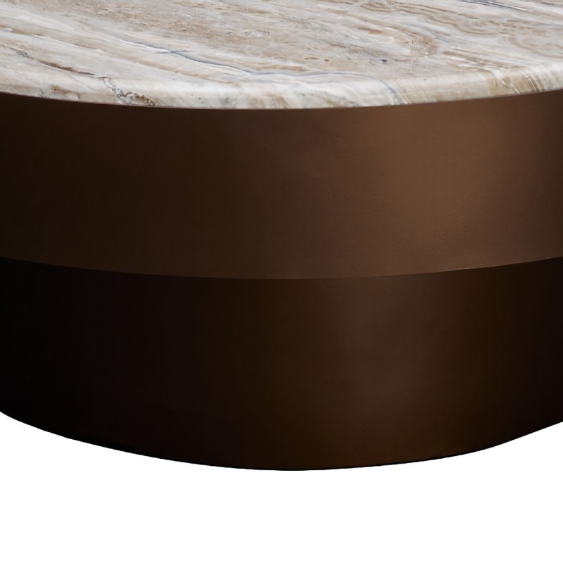 Masuta de cafea Barrel, metal, MDF, folie aspect marmura, maro ciocolatiu, D.80 cm, 213184B