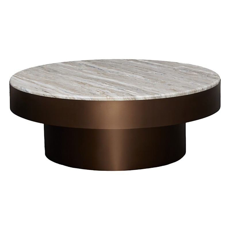 Masuta de cafea Barrel, metal, MDF, folie aspect marmura, maro ciocolatiu, D.80 cm, 213184B