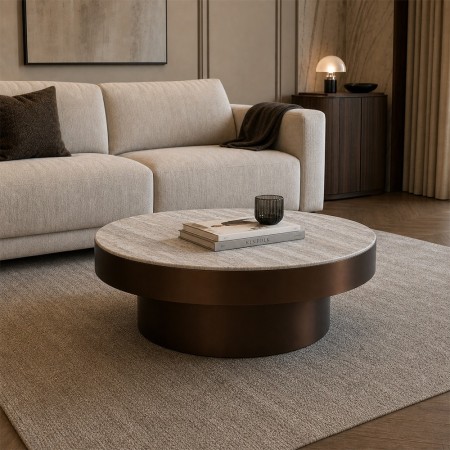 Masuta de cafea Barrel, metal, MDF, folie aspect marmura, maro ciocolatiu, D.80 cm, 213184B 