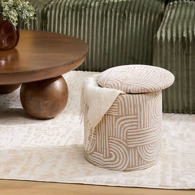 Taburet cu spatiu de depozitare Nubo, MDF, textil bej, D.31 cm, 214220A