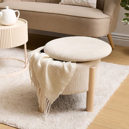 Taburet cu spatiu de depozitare Elki, placaj din lemn de cauciuc, textil alb, D.45 cm, 214222A 