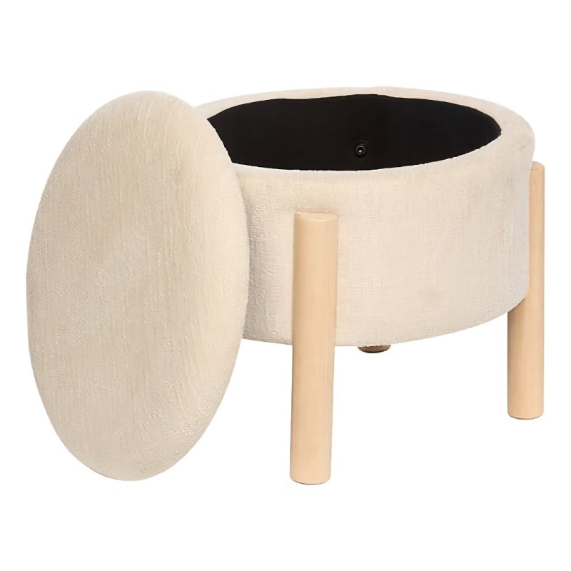 Taburet cu spatiu de depozitare Elki, placaj din lemn de cauciuc, textil alb, D.45 cm, 214222A