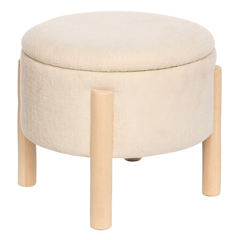 Taburet cu spatiu de depozitare Elki, placaj din lemn de cauciuc, textil alb, D.45 cm, 214222A