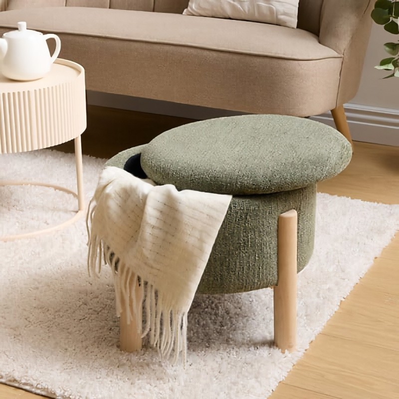 Taburet cu spatiu de depozitare Elki, placaj din lemn de cauciuc, textil verde khaki, D.45 cm, 214222B
