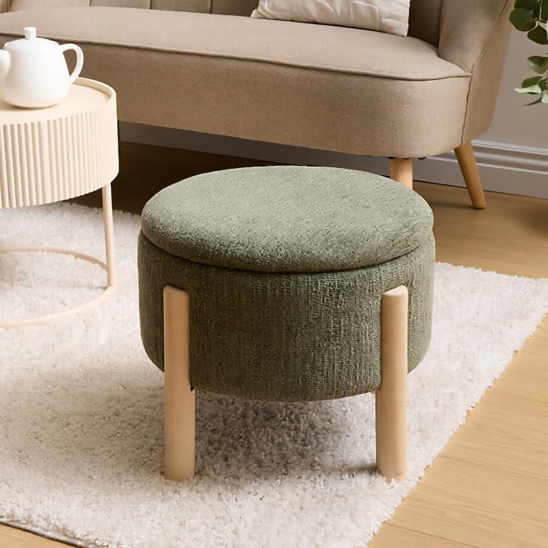 Taburet cu spatiu de depozitare Elki, placaj din lemn de cauciuc, textil verde khaki, D.45 cm, 214222B