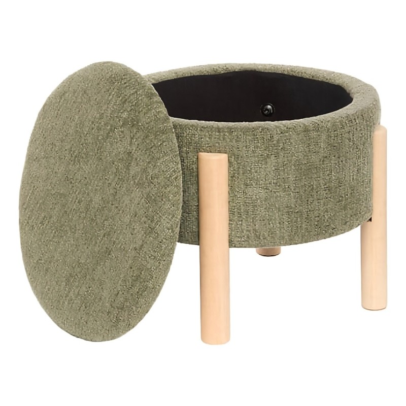 Taburet cu spatiu de depozitare Elki, placaj din lemn de cauciuc, textil verde khaki, D.45 cm, 214222B